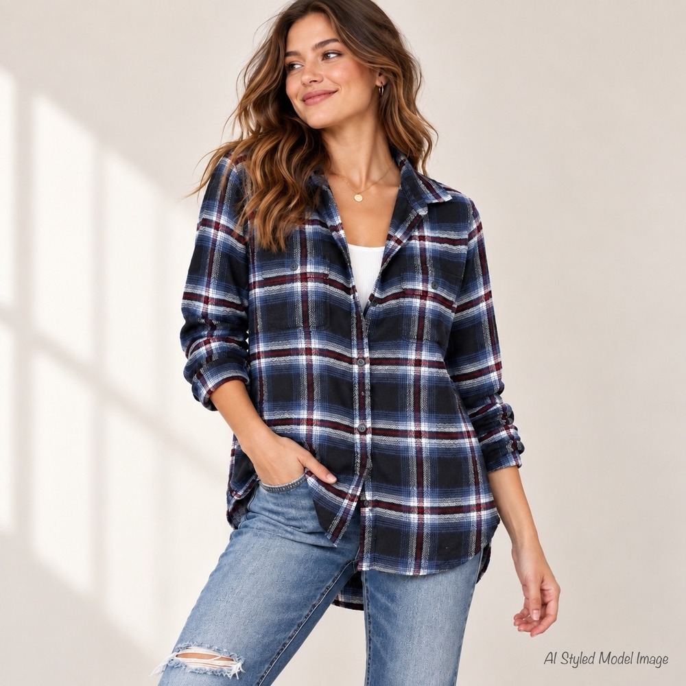 American Eagle Flannel Shirt Women's M Plaid Classic Fit Ahh Mazingly Soft Blue